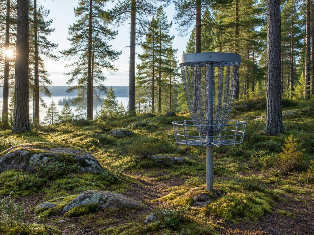 Discgolfkorg i en mosstäckt glänta i tallskogen