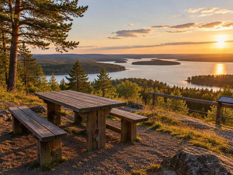 Rastplats med picknickbord på ett berg med sjöutsikt
