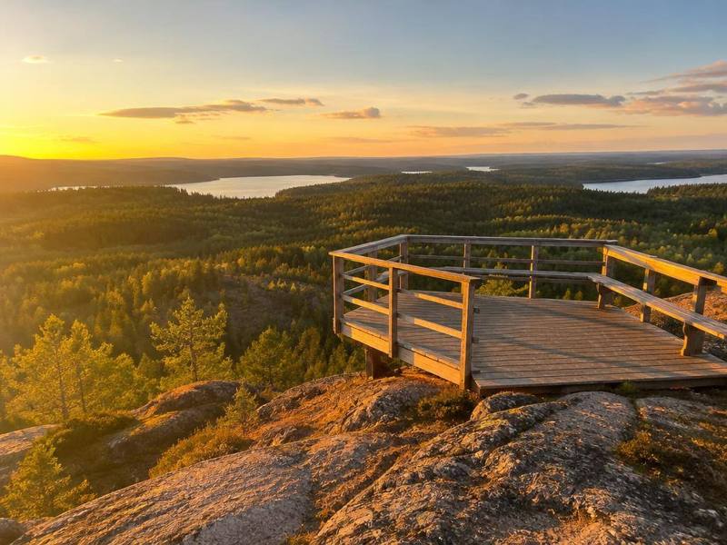 Utsiktsplattform i trä över skog och sjöar i solnedgång