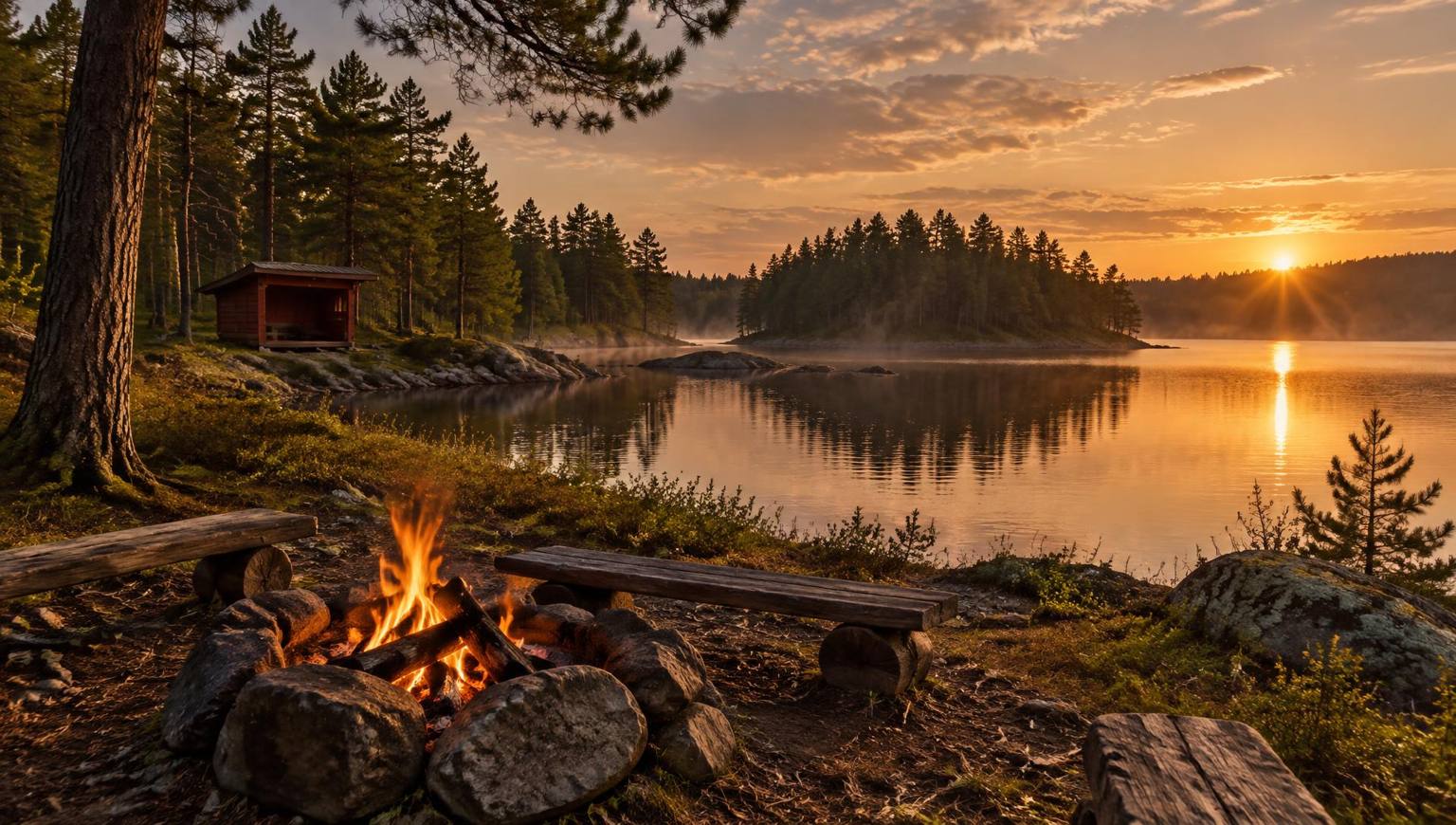 Grillplats vid en svensk sjö i kvällsljus